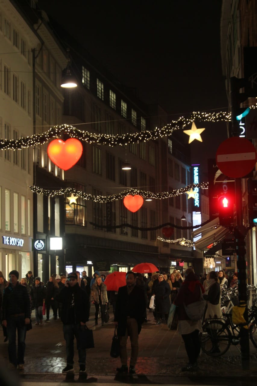 Lights along Strøget, an extremely popular street for walking and biking, which was pedestrianized in 1962. (Photo by Sarah Oberklaid)