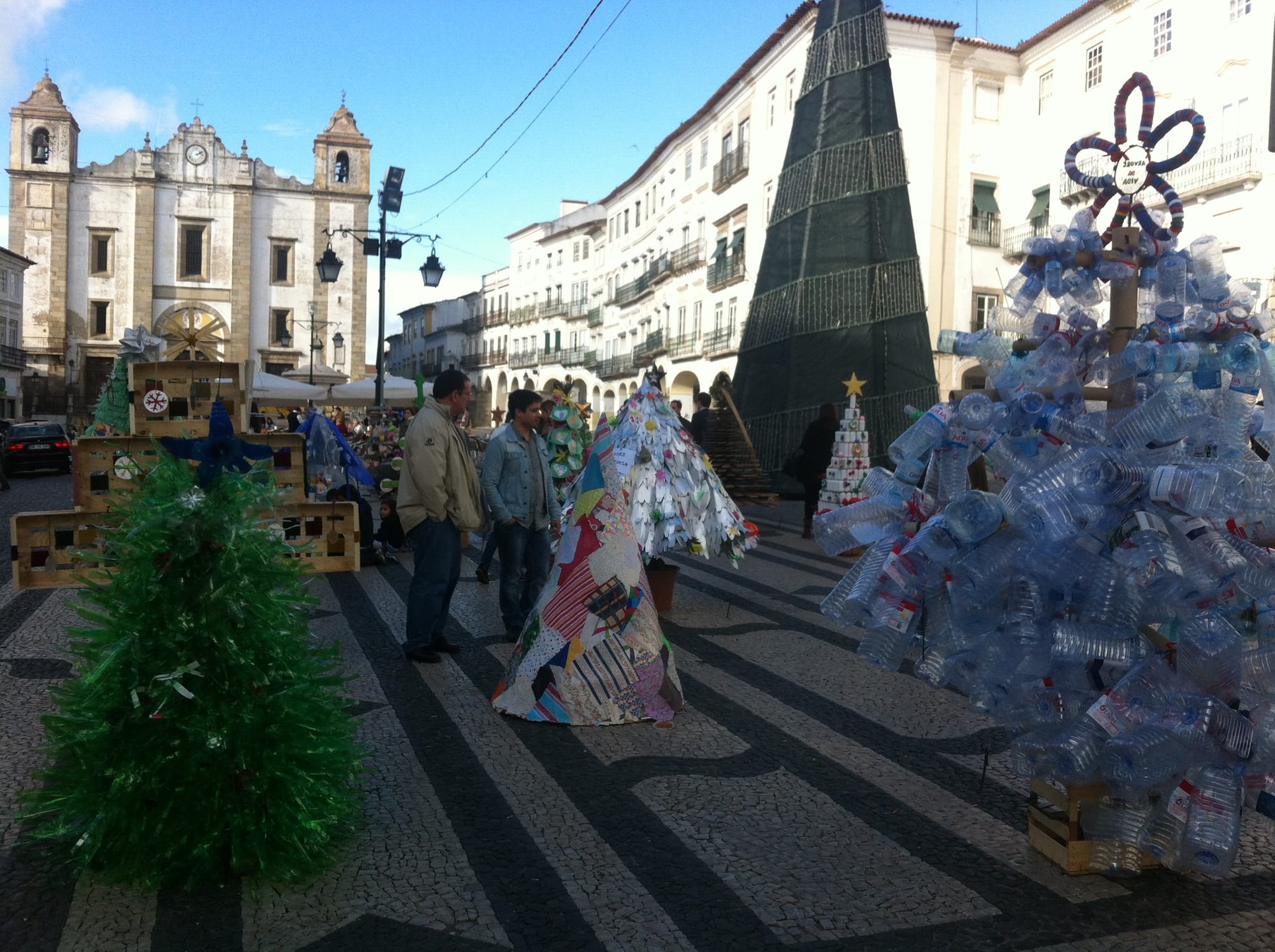 A display of Christmas trees made by the community using recycled materials displayed in the central square in Évora. (Photo by Sarah Oberklaid)