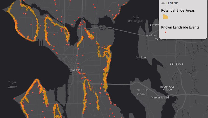 Areas prone to landslides and past locations of known events. (City of Seattle)