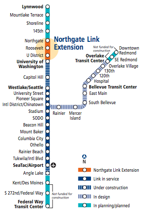 Light rail expansion diagram with Northgate Link segment highlighted in orange. (Sound Transit)