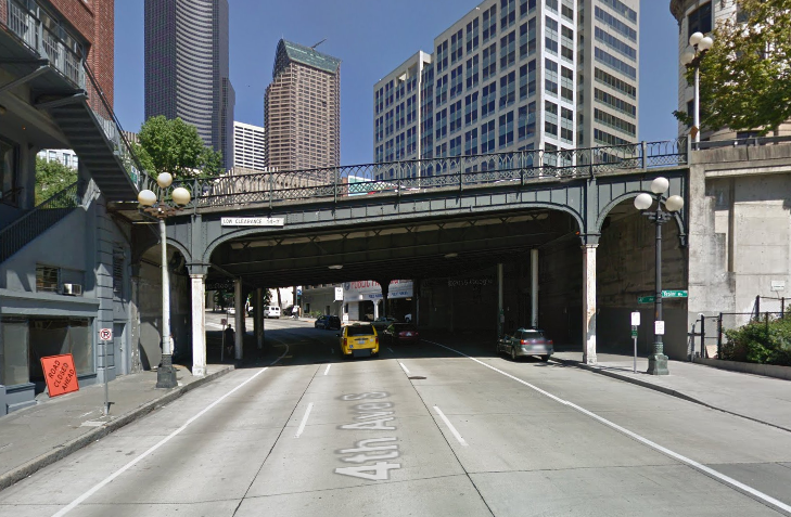 Yesler Way bridge across Fourth Avenue. (Google Streetview)