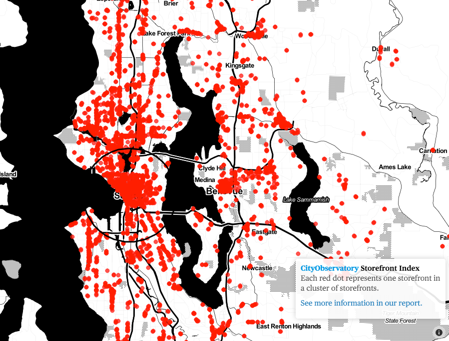 Storefront density in the Seattle and peer cities. (City Observatory)