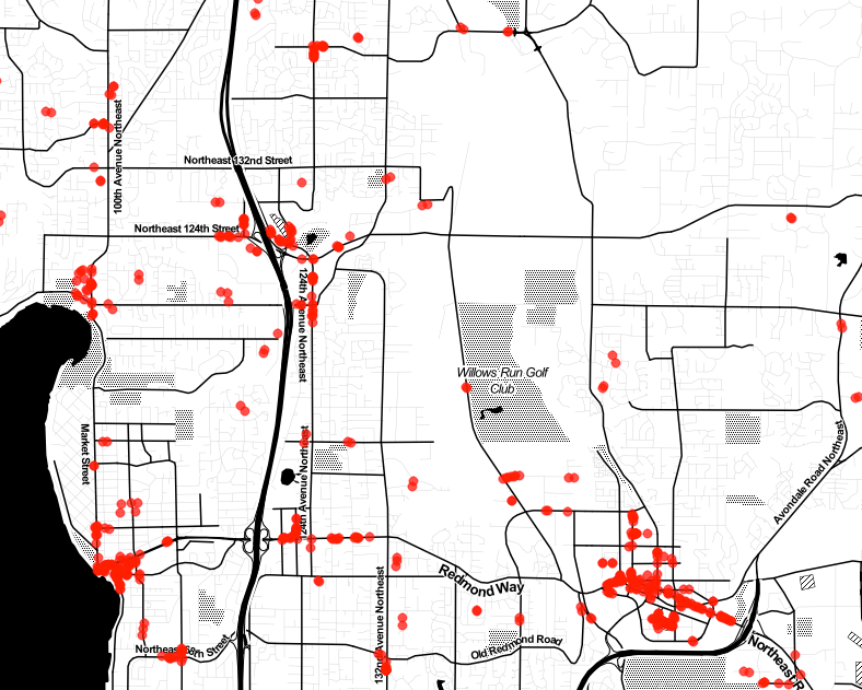 Density of storefronts in Eastside suburban cities. (City Observatory)