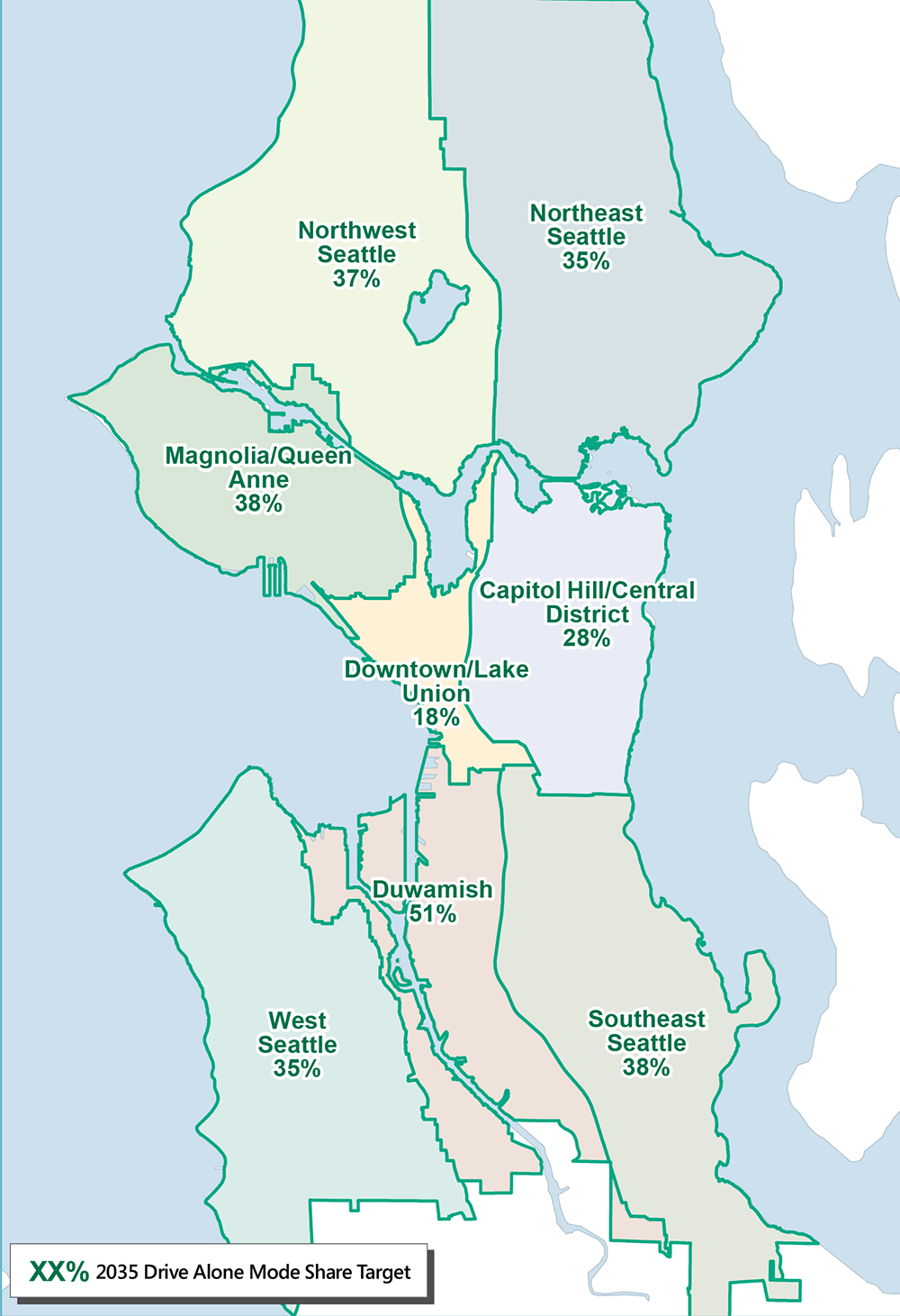 The City's targets for the share of single-occupancy-vehicle trips by region. (City of Seattle)