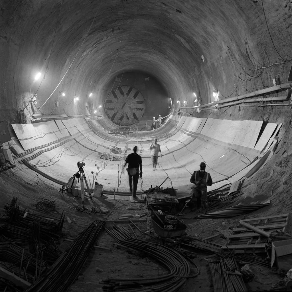 Beacon Hill Station; this photo shows the difference in size of the area excavated using NATM/STM versus the TBM tunnel tube with the cutterhead visible in the background like a giant fan. (Sound Transit)