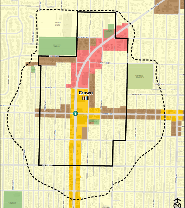 The dotted line represents potential expansion of the Crown Hill urban residential village. (2035)