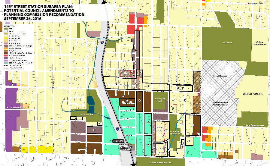 Overview of possible areas where rezone amendments could be made indicated by black boxes, red line, and letters. (City of Shoreline)