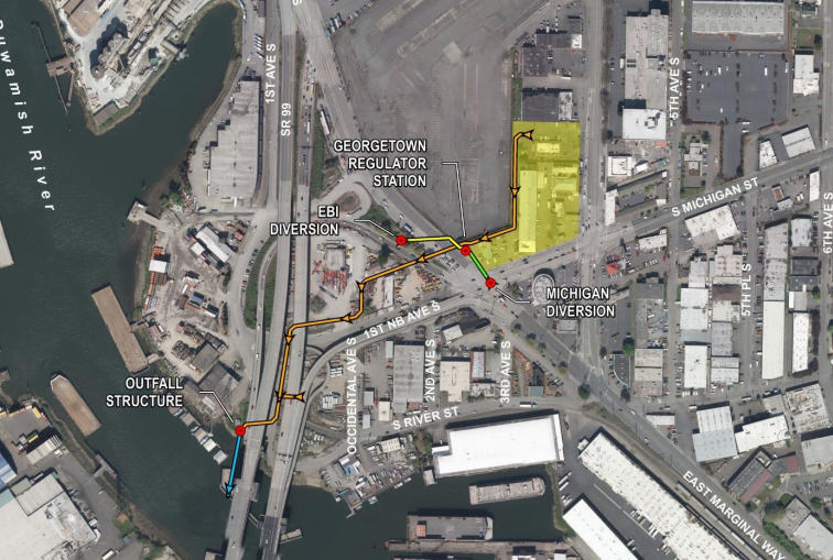 Underground pipeline from the regulator station to convey treated water to the outfall. (City of Seattle)