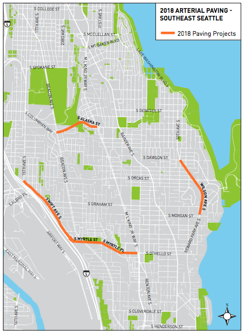 Southeast Seattle repaving projects planned for 2018. (City of Seattle)