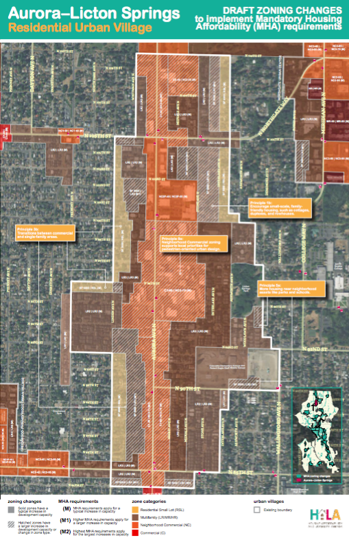 Draft MHA rezones in the Aurora-Licton Springs Residential Urban Village. (City of Seattle)