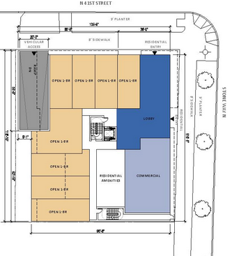 The preferred massing scheme places the lobby in the corner. (Clark Design Group)