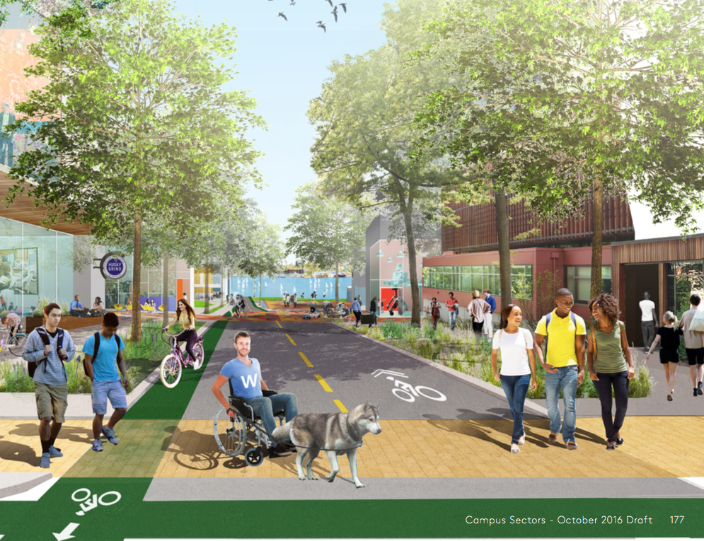 A trimmed down Brooklyn Ave NE with wider sidewalk and planter strips, tiled crosswalks, and changes to bike lanes. (University of Washington)