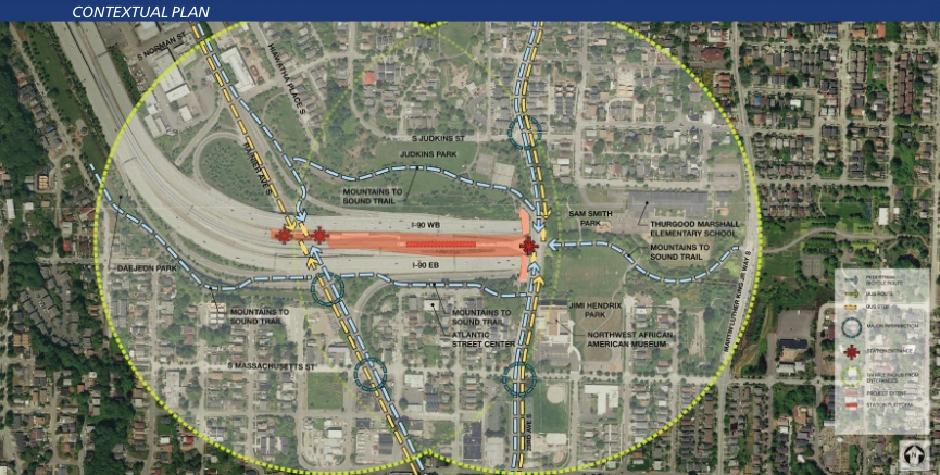 Contextual plan showing connectivity, bus routes and stops, station entrances, and local landmarks and community anchors. (Sound Transit)