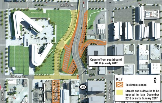 General overview of open and closed streets in the North Portal construction area. (WSDOT)