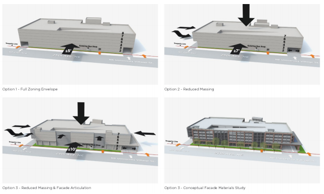 Alternative massings and layouts for garage access to 25th Ave NE from proposed expansion building. (City of Seattle)