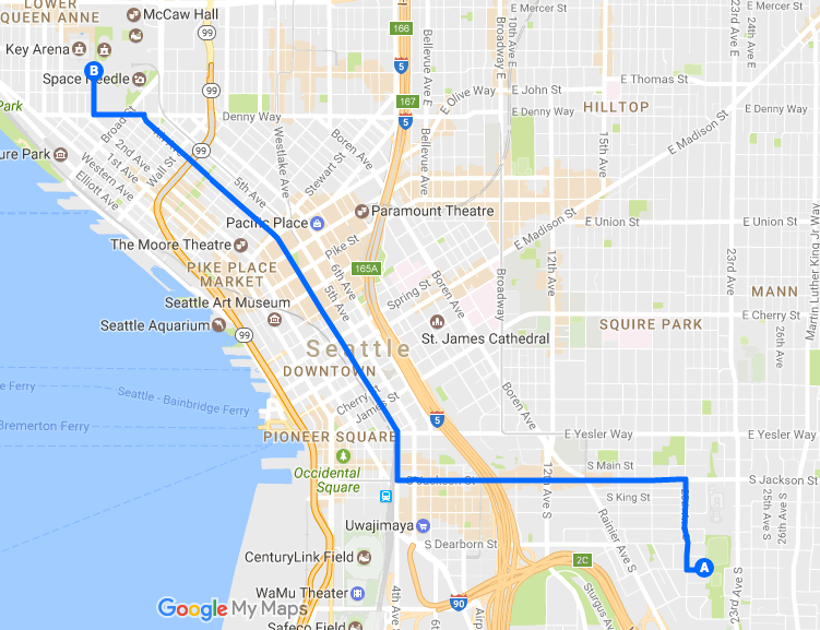 Route of the Womxn's March; A is start, B is finish. (Google Maps)