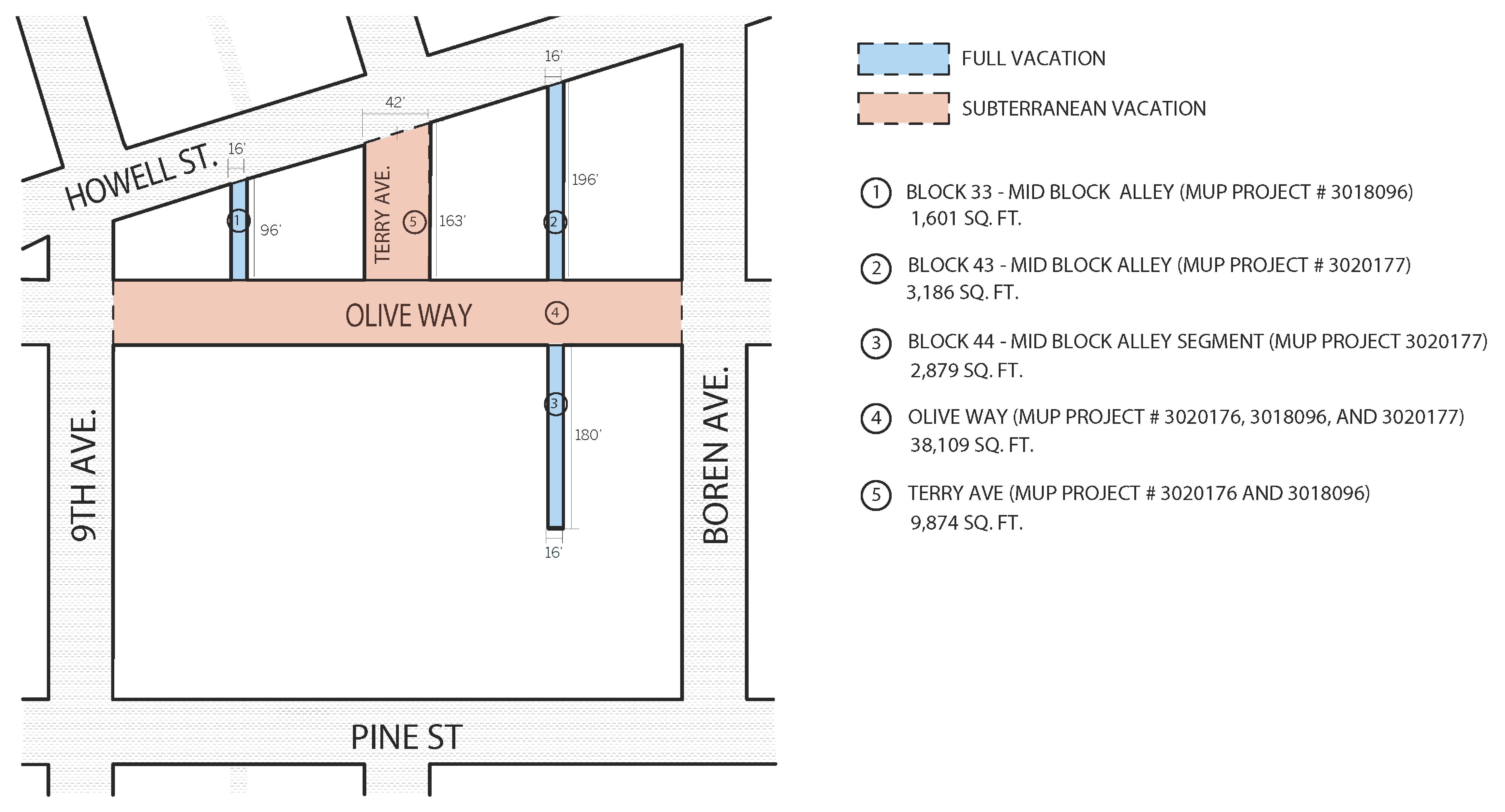 The location, type, and size of the WSCC's proposed street vacations. (LMN Architects)