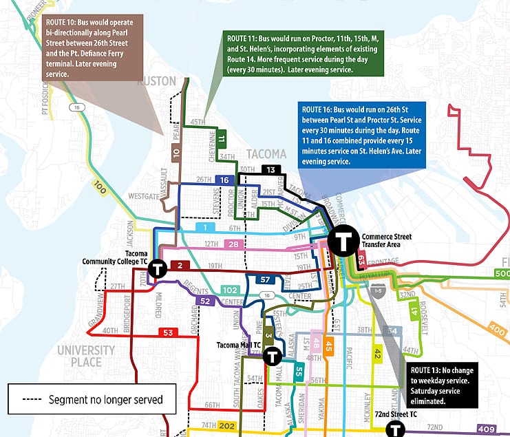 Highlighted changes in North Tacoma. (Pierce Transit)