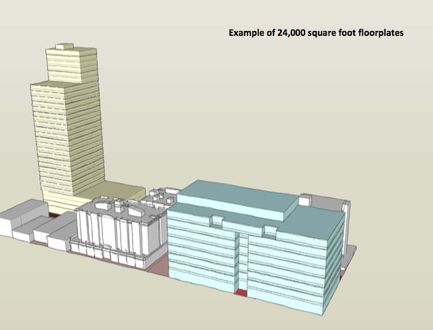The teal building represents what a 24,000 square foot floorplate might look like. (City of Seattle)
