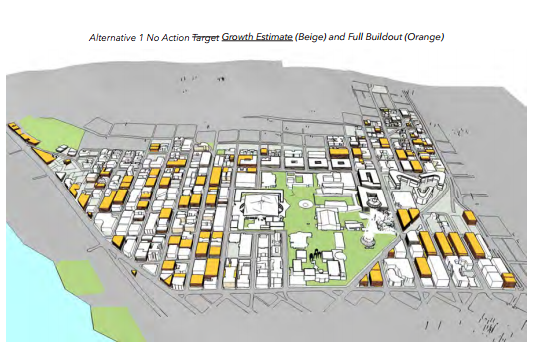 Bulk and scale of potential buildout under the No Action Alternative. (Hewitt Architecture / City of Seattle)
