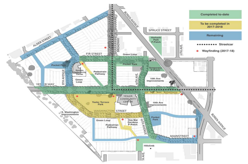 Overview of public space and road projects completed or to be completed at Yesler Terrace. (Seattle Housing Authority)