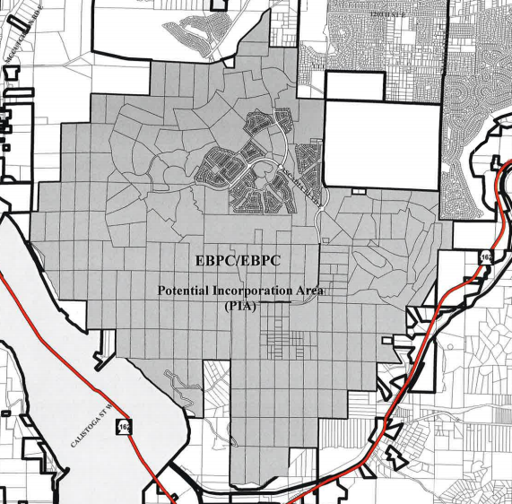 The area highlighted in grey is the Potential Incorporation Area for Telaheh. (Pierce County)