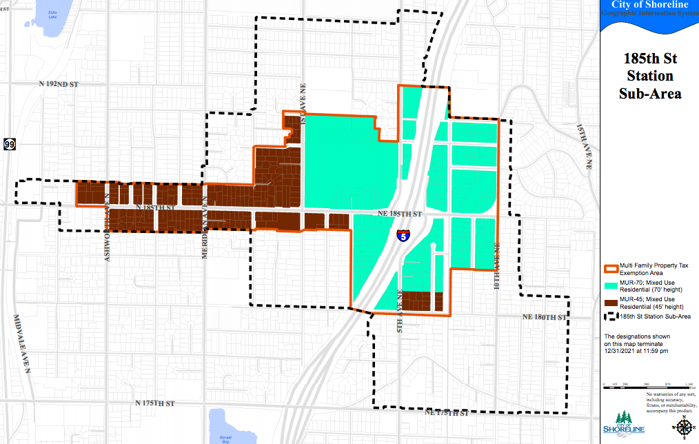 Map of the 185th Street Station area and the zones where MFTE proposals are permitted. (City of Shoreline)