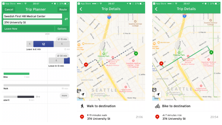Left: All transportation options from Swedish Medical Center (First Hill) to Downtown Seattle. Center: The walking trip. Right: The biking trip. (Transit)