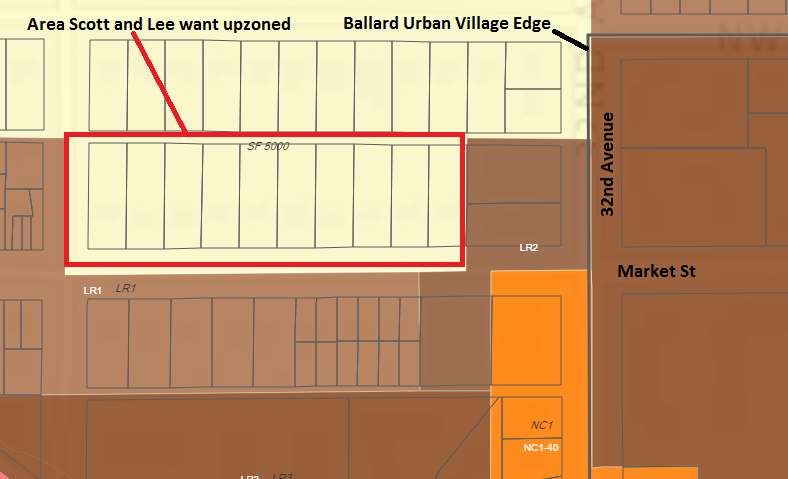 The block is surrounded by multi-family zoning and just outside the Ballard Urban Village. (City of Seattle)