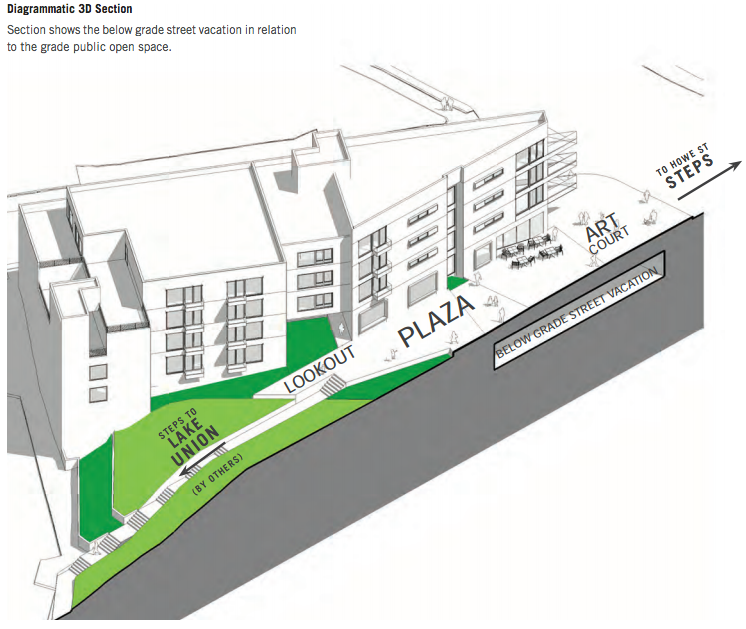 A three-dimensional diagram of the plaza, underground street vacation, and new building. (City of Seattle / Bushnaq Studio Architecture + Design)