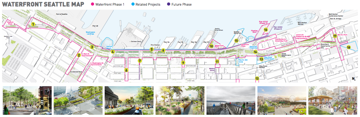 The scope of the Waterfront Seattle project area. Note that much of the waterfront is significantly lower than Downtown, particularly east of Western Avenue. (City of Seattle)