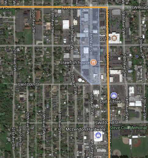 Gold represents the current Route 120 alignment and blue represents the White Center commercial core.