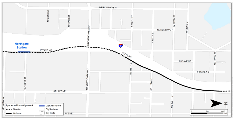 The general location of light rail facilities for Lynnwood Link. (City of Seattle)