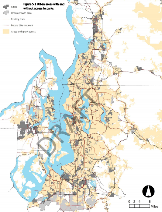 The plan considers park access to urban areas (yellow), defined as within a half-mile of any park and within one mile of a community or regional park or trail. Click for larger version. (PSRC)