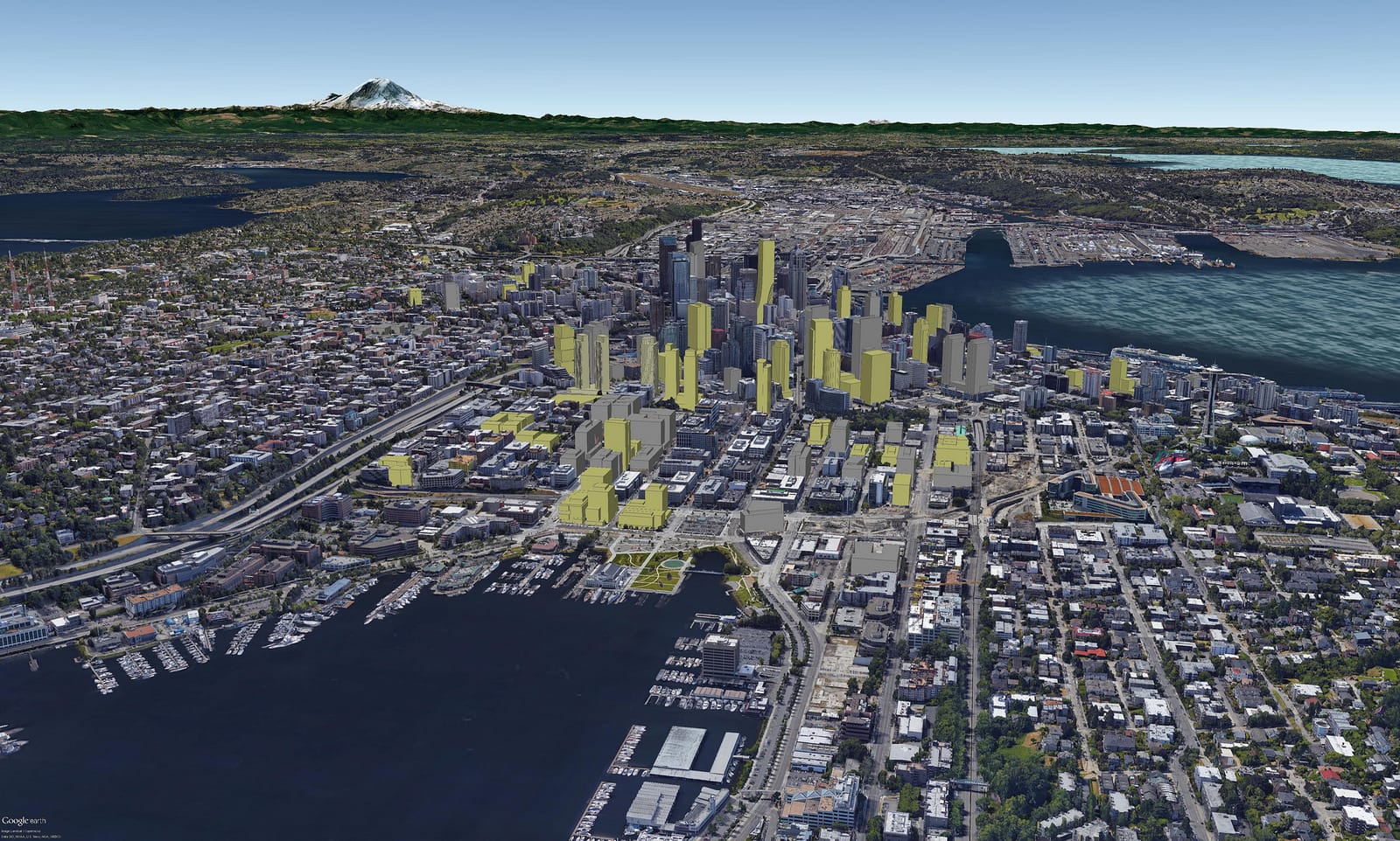 Rendering of South Lake Union with buildings currently under construction (yellow profiles) and completed (grey profiles). (David Boynton)