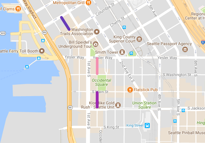 Fuchsia = Nord Alley, Pink = Pioneer Passage, and Purple = Post Avenue. (Google Maps)