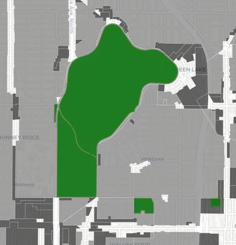 Green Lake is largely surrounded by single-family zoning (light gray).