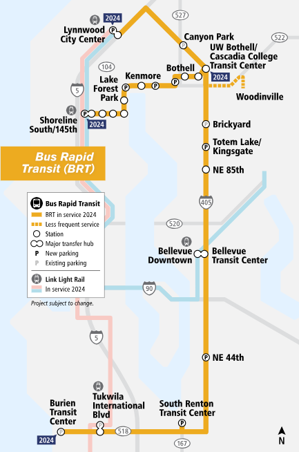 I-405 BRT and SR-522 corridors and station locations. (Sound Transit)
