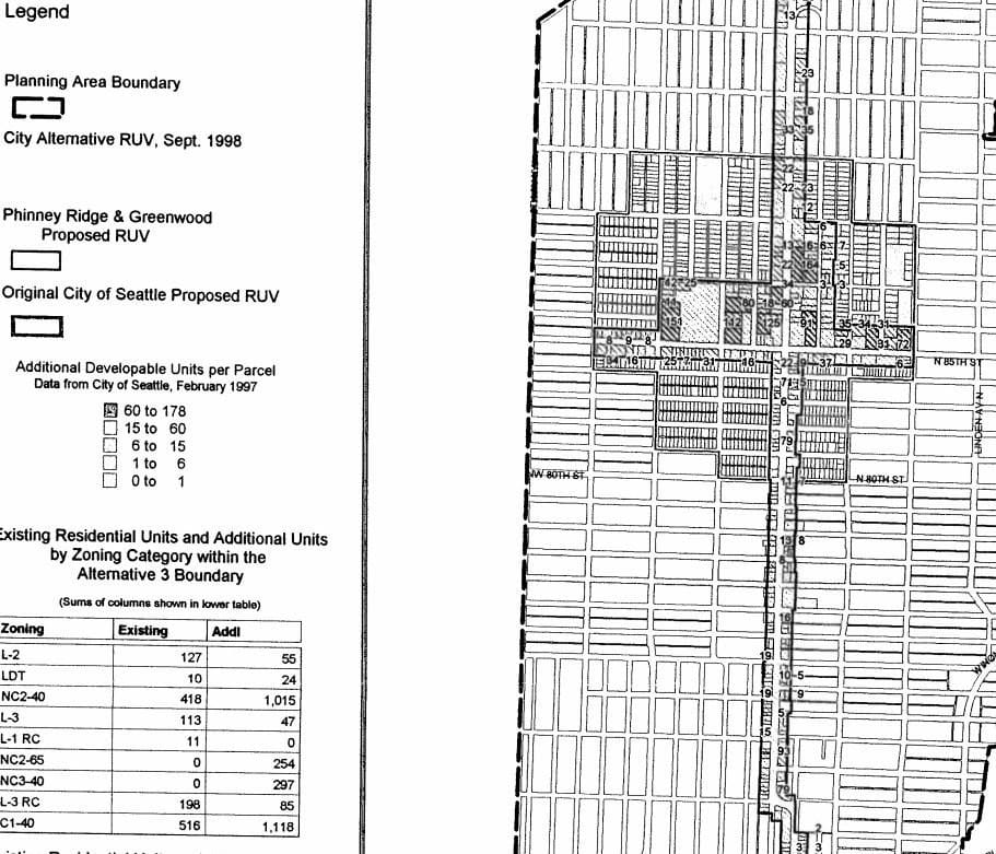 City-proposed Greenwood/Phinney Urban Village boundary versus what could have been. (City of Seattle)