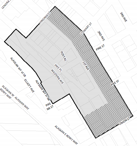 Grey area = existing historic district; hatched area = study area of historic district expansion. (City of Seattle)