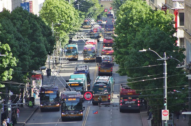 
                     King County Metro buses on Third Avenue during rush hour. (Bruce Englehardt)
                     