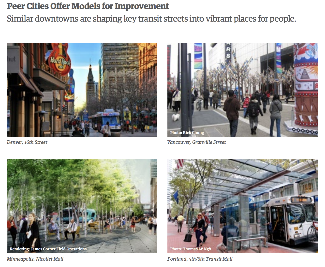 Examples of vibrant transit corridors in peer cities. (DSA)