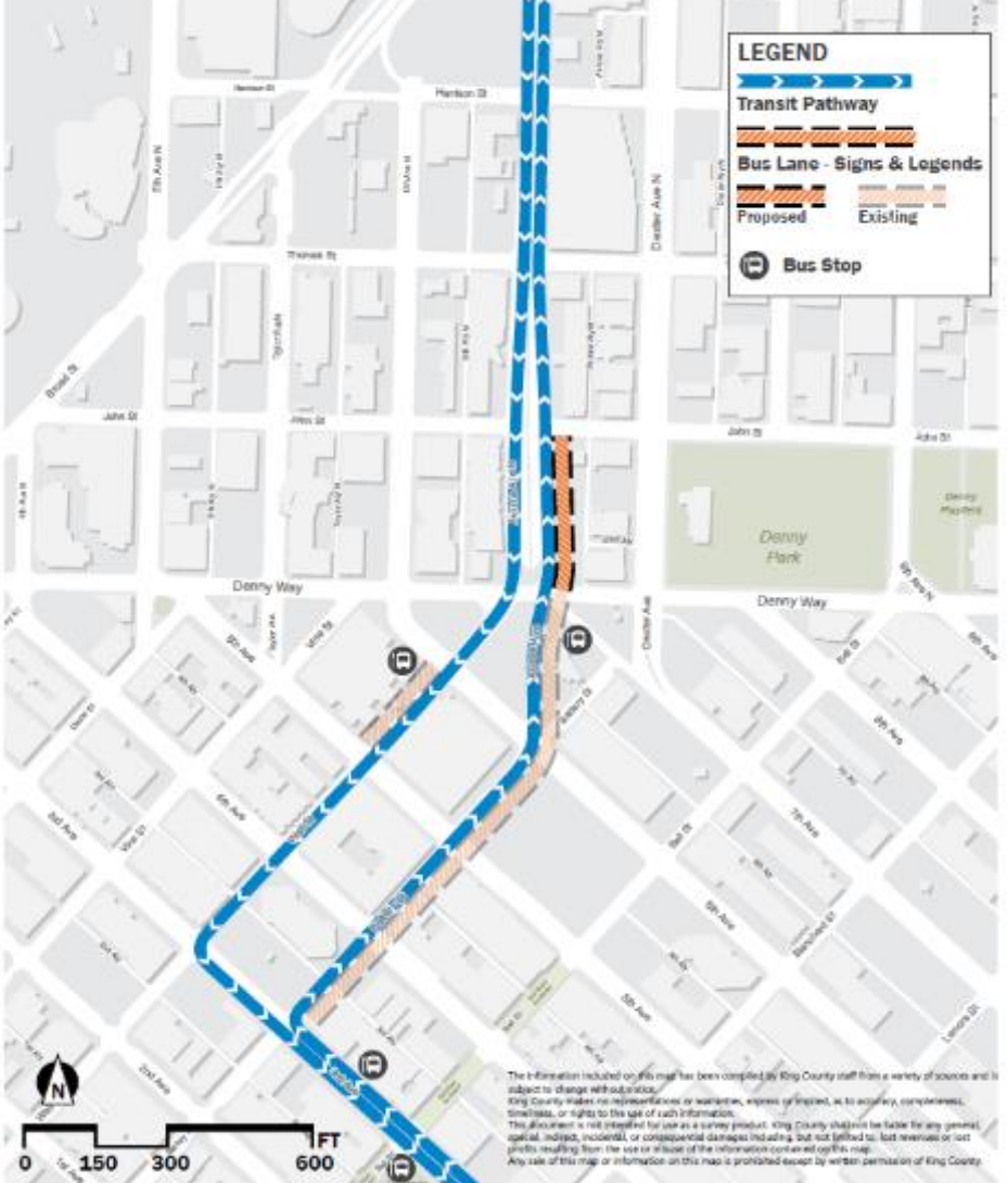 Transit pathway along Aurora Avenue to Belltown and existing and proposed transit priority facilities. (King County)
