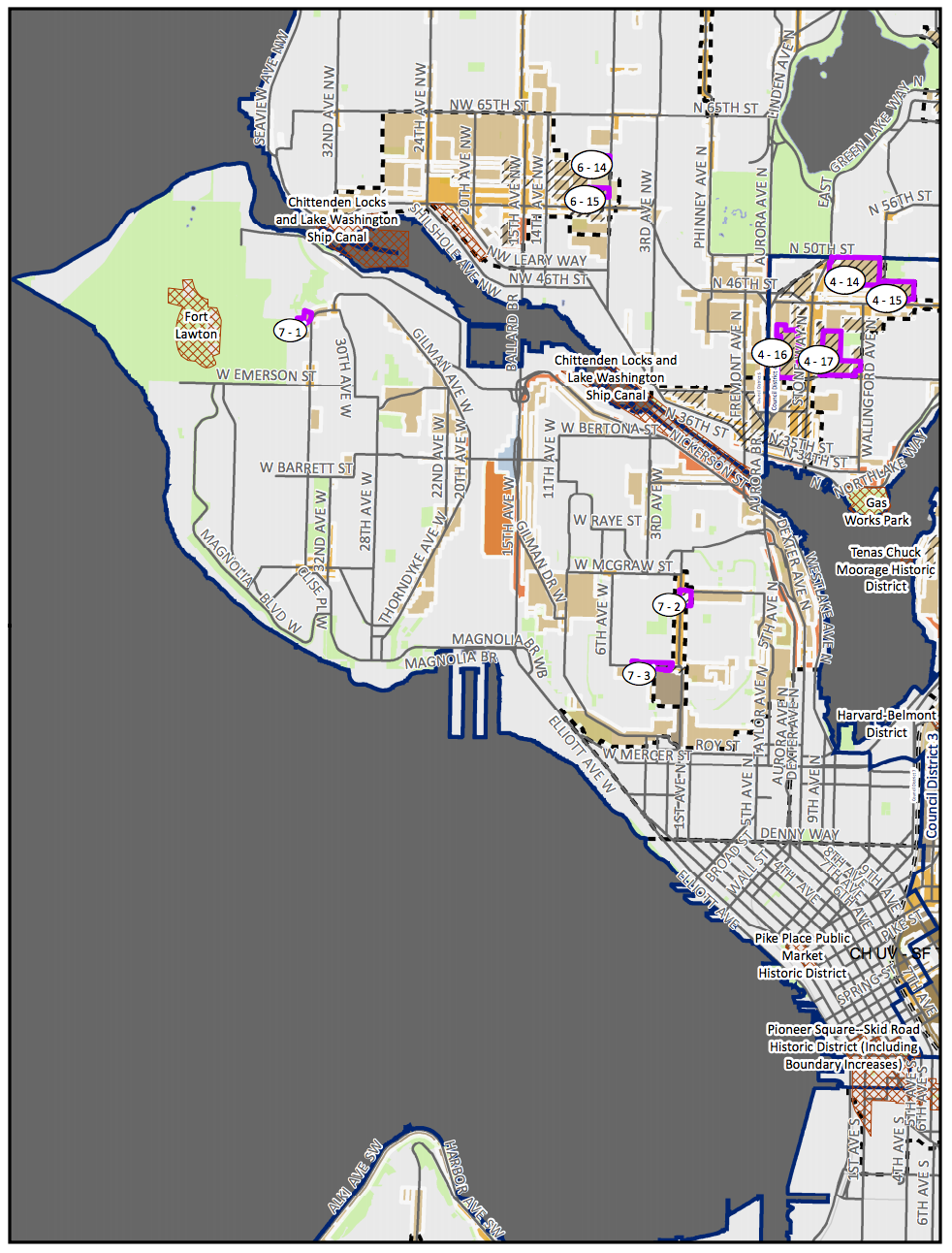 Council District 7 MHA rezone map with amendment proposals. (City of Seattle)
