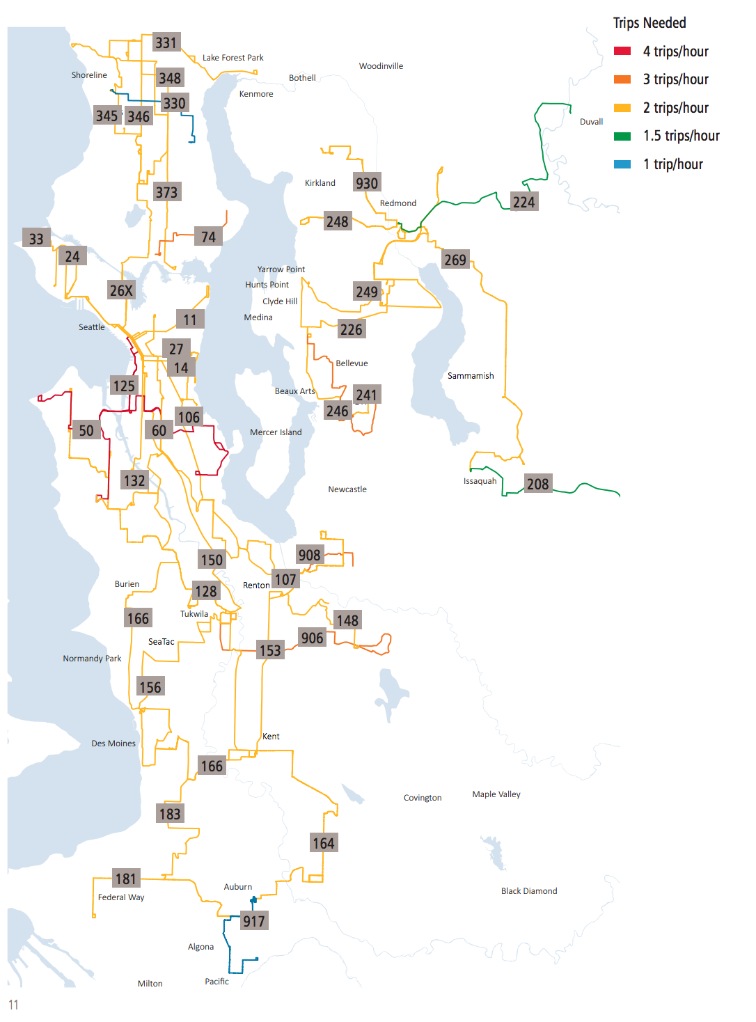 Metro bus corridors needing Investment per the Service Guidelines at peak periods (5 am to 9am and 3pm to 7pm on weekdays). (King County)