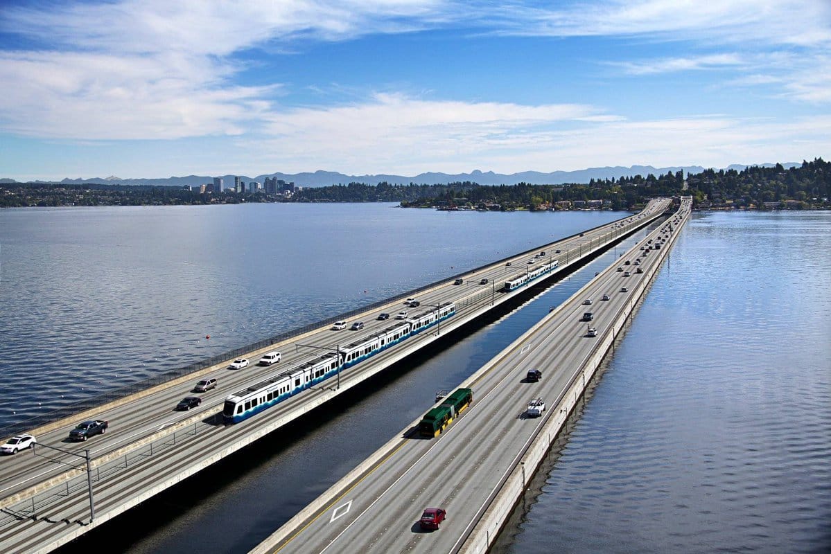 Rendering of East Link light rail trains operating on the I-90 floating bridge. (Sound Transit)