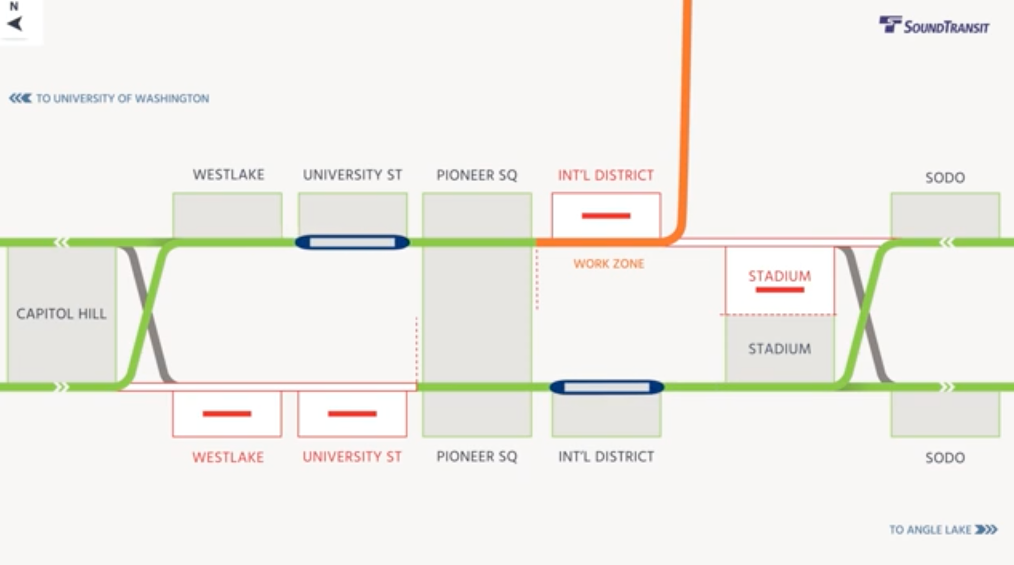 Diagram of the Phase 1 operations, closures, and work zones. (Sound Transit)