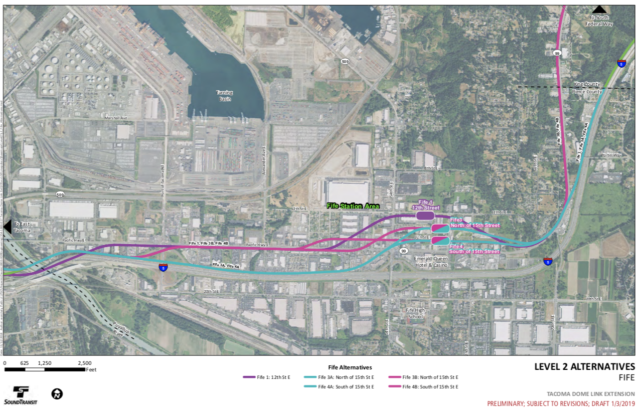 Level 2 Alternatives map of the Fife segment. (Sound Transit)