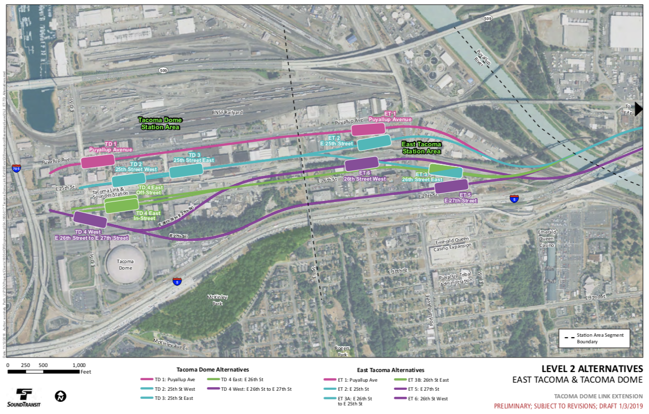 Level 2 Alternatives map of the East Tacoma and Tacoma Dome segments. (Sound Transit)