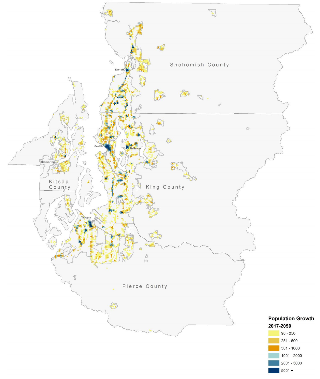 Distribution of population under the "Transit Focused Growth" Alternative.